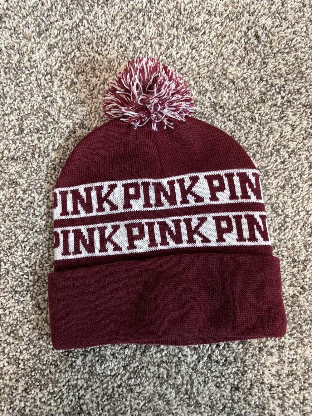 PINK Victoria's Secret Maroon and White Pom Knit Beanie
